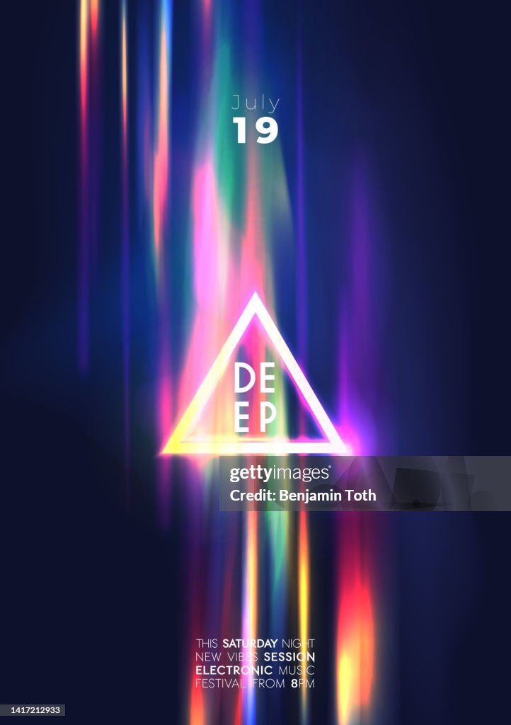 Vibrant neon triangle party poster with glow and prism