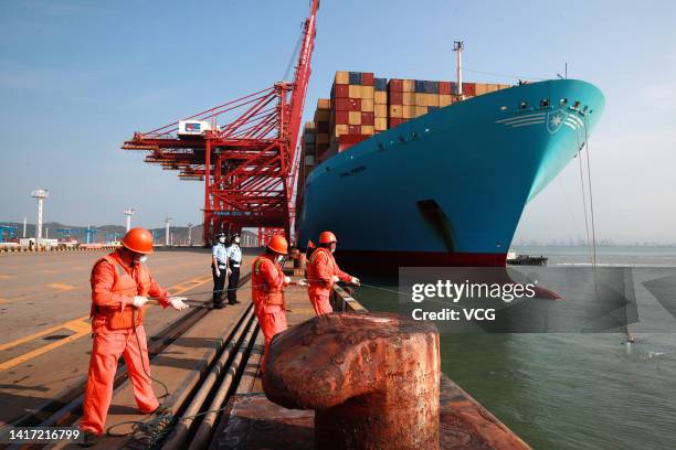 The container ship Emma Mærsk is docked at the Dapukou container terminal of Ningbo-Zhoushan Port on August 21, 2022 in Zhoushan, Zhejiang Province.