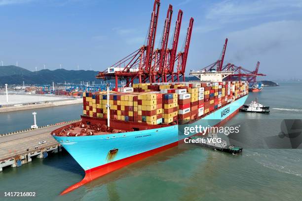 The container ship Emma Mærsk is docked at the Dapukou container terminal of Ningbo-Zhoushan Port on August 21, 2022 in Zhoushan, Zhejiang Province.