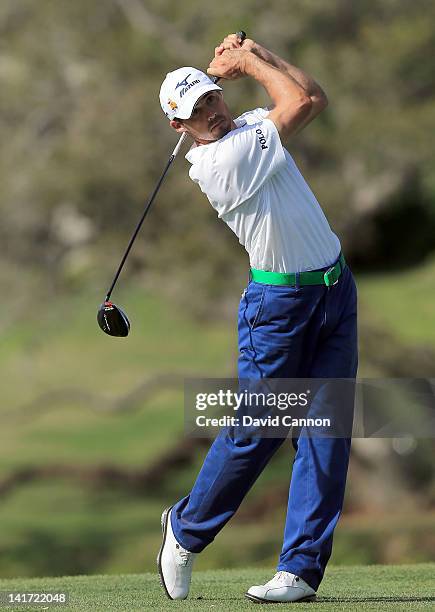 Jonathan Byrd of the USA plays his tee shot at the par 5, 16th hole during the first round of the 2012 Arnold Palmer Invitational presented by...