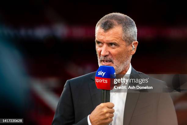 Roy Keane broadcasts ahead of the Premier League match between Manchester United and Liverpool FC at Old Trafford on August 22, 2022 in Manchester,...