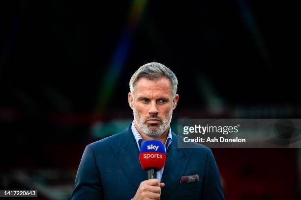 Jamie Carragher broadcasts ahead of the Premier League match between Manchester United and Liverpool FC at Old Trafford on August 22, 2022 in...