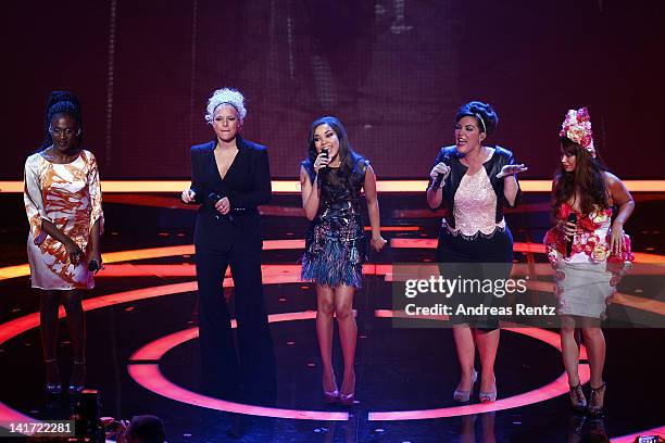 Ivy Quainoo,Ina Mueller,Dionne Bromfield, Caro Emerald and Aura Dione perform a Tribute to Amy Winehouse at the Echo Awards 2012 at Palais am...