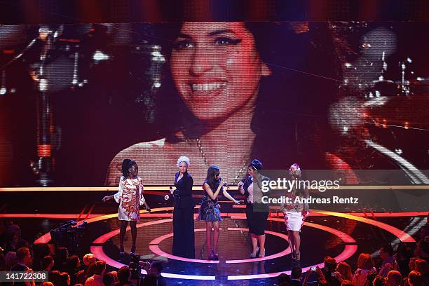 Ivy Quainoo,Ina Mueller,Dionne Bromfield, Caro Emerald and Aura Dione perform a Tribute to Amy Winehouse at the Echo Awards 2012 at Palais am...