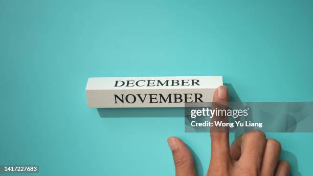 month of november to december word block , switch with a finger - dezember stock-fotos und bilder