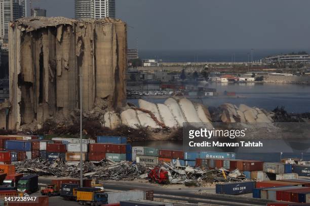 General view shows the northern collapsed section of the silos in the Port of Beirut, on August 23, 2022 in Beirut, Lebanon. The silos were initially...
