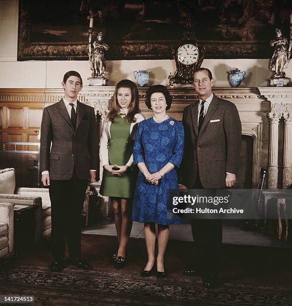 Queen Elizabeth II and Prince Philip with their children Prince Charles and Princess Anne at Sandringham, 1970.