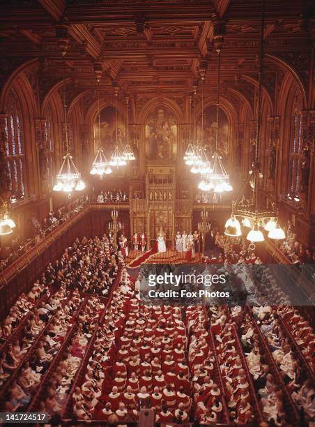 Queen Elizabeth II in the House of Lords, London, during the State Opening of Parliament, 3rd November 1964.