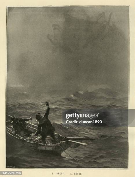 two fishermen threatened by the mist, supernatural horror at sea, monster - sea dragon stock illustrations