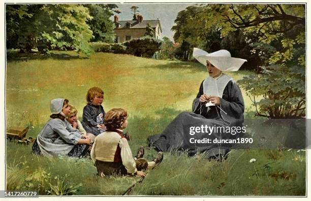 nun, caring for children, telling story in a meadow, 19th century european art - nun habit stock illustrations