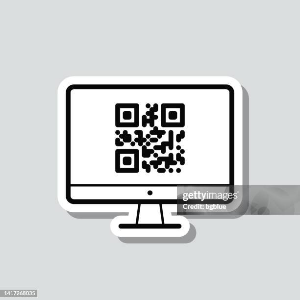 desktop computer with qr code. icon sticker on gray background - desktop scanner stock illustrations