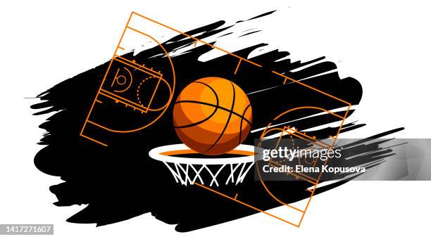 team competition, sport and victory concept in flat style. basketball hoop with a basketball on an isolated white background. - basketball poster design stock illustrations