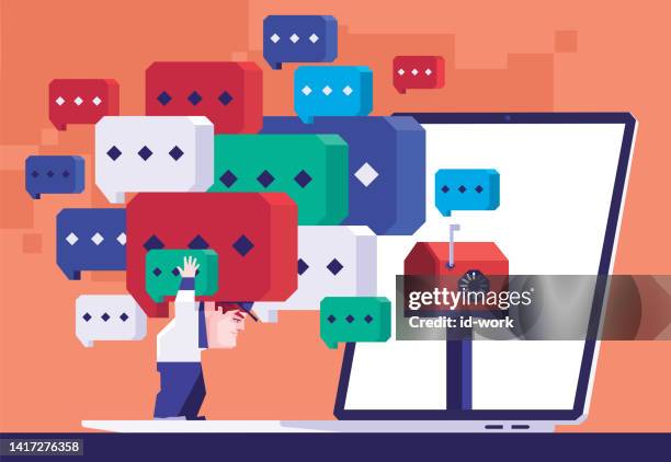 courier carrying lot of speech bubbles with loading mailbox on laptop - excess icon stock illustrations