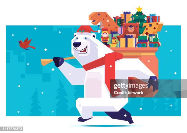 happy christmas polar bear carrying sack of gifts and toys - christmas toys stock illustrations