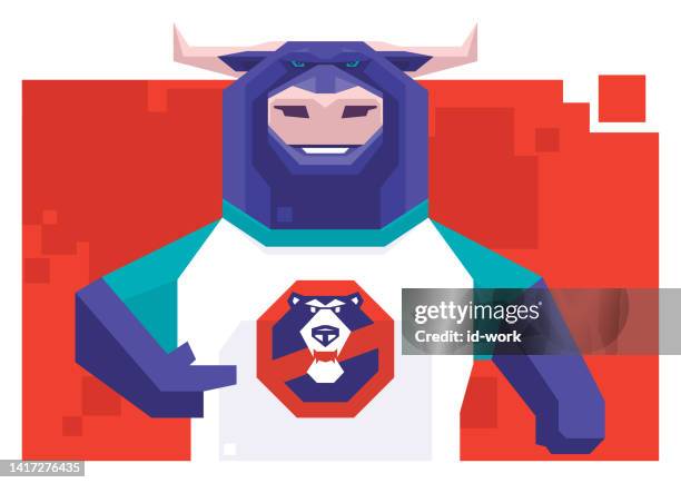 bull pointing to bear warning symbol on t-shirt - angry bear face stock illustrations