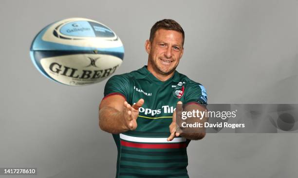 Jimmy Gopperth of Leicester Tigers poses for a portrait during the squad photocall for the 2022-2023 Gallagher Premiership Rugby season at Oval Park...