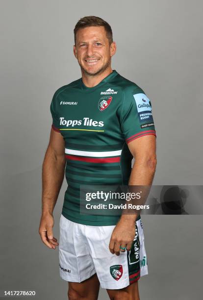 Jimmy Gopperth of Leicester Tigers poses for a portrait during the squad photocall for the 2022-2023 Gallagher Premiership Rugby season at Oval Park...