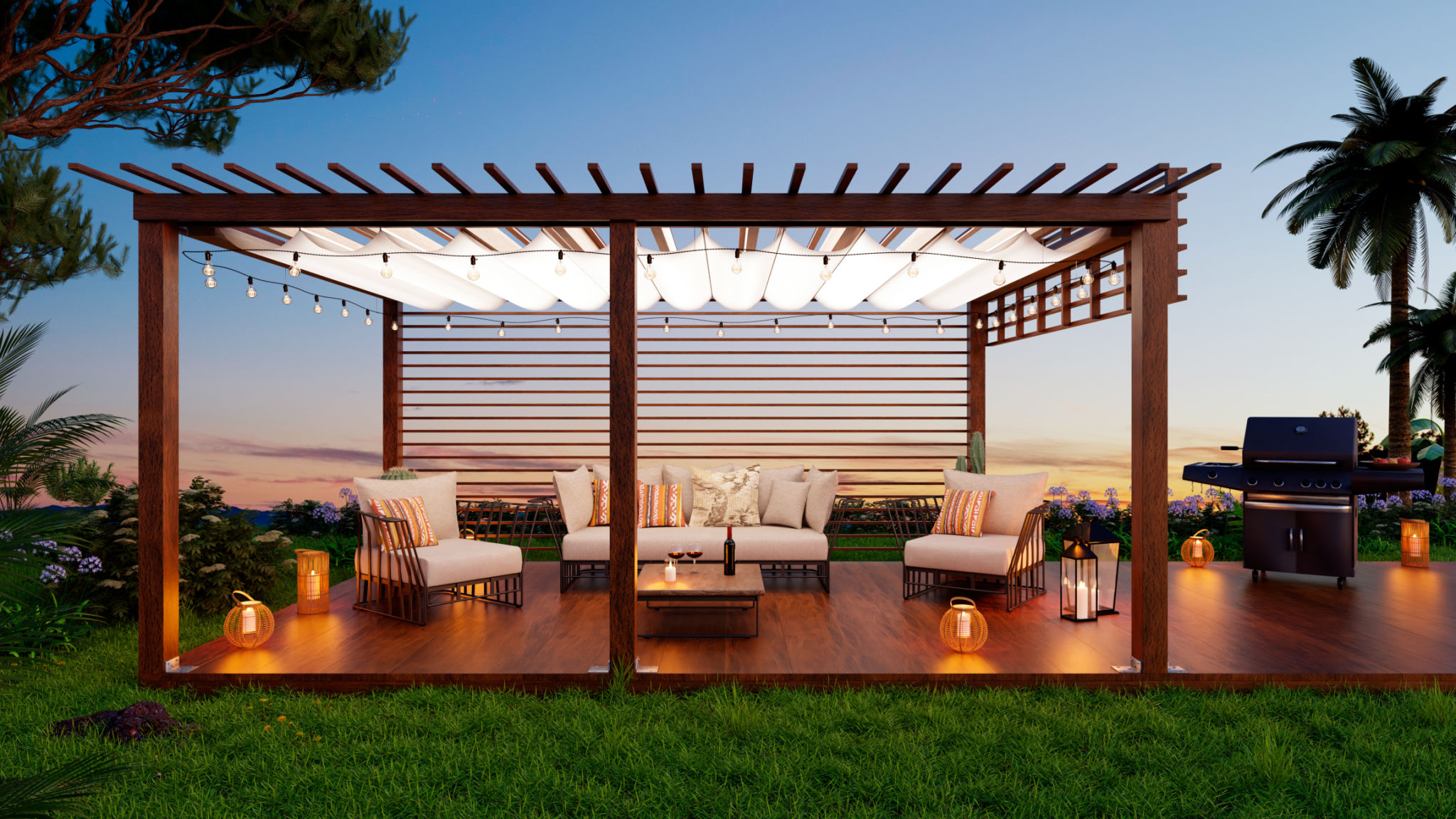 3D illustration of teak wooden deck with gas grill at dusk 3D illustration of teak wooden deck with gas grill at dusk