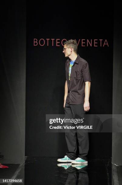 Fashion designer Giles Deacon walks the runway during the Bottega Veneta Ready to Wear Fall/Winter 2001 fashion show as part of the Milan Fashion...