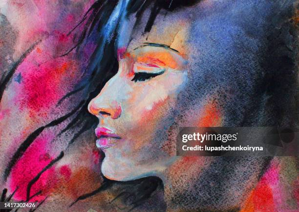 illustrations, cliparts, dessins animés et icônes de illustration aquarelle portrait d’une jeune femme de profil avec de longs cheveux foncés dans le vent sur un fond rougeâtre de lumières du soir brillantes - long brunette hair and middleaged woman