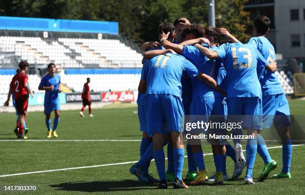 Tommaso Ravaglioli of Italy celebrates his second goal with his team-mates during the International friendly match between Italy U17 and Switzerland...