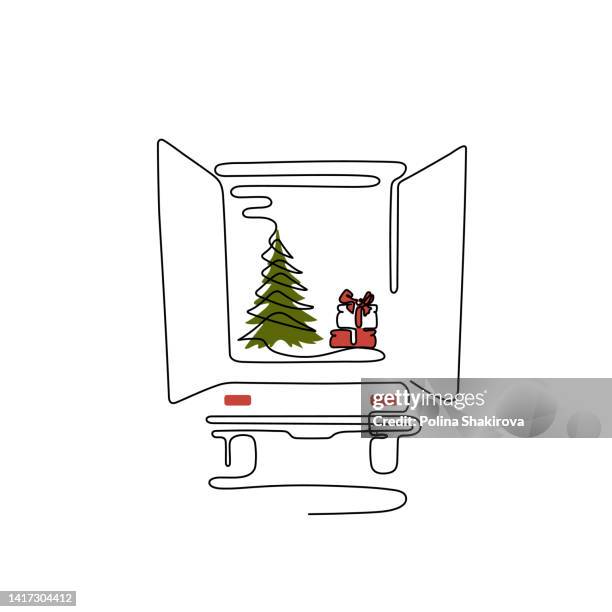 continuous line drawing of a car with gifts and a christmas tree. - shipping containers green red stock illustrations