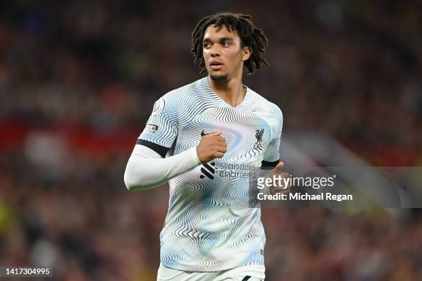 Trent Alexander-Arnold of Liverpool in action during the Premier League match between Manchester United and Liverpool FC at Old Trafford on August...