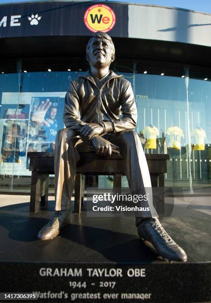 External view of Vicarage Road stadium with statue of former manager Graham Taylor prior to the Sky Bet Championship between Watford and Burnley at...