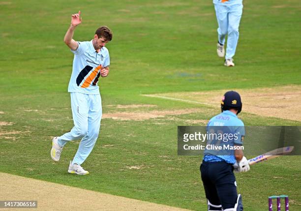 Ricardo Vasconcelos of Northamptonshire is dismissed off the bowling of Ben Aitchison of Derbyshire during the Royal London One Day Cup match between...