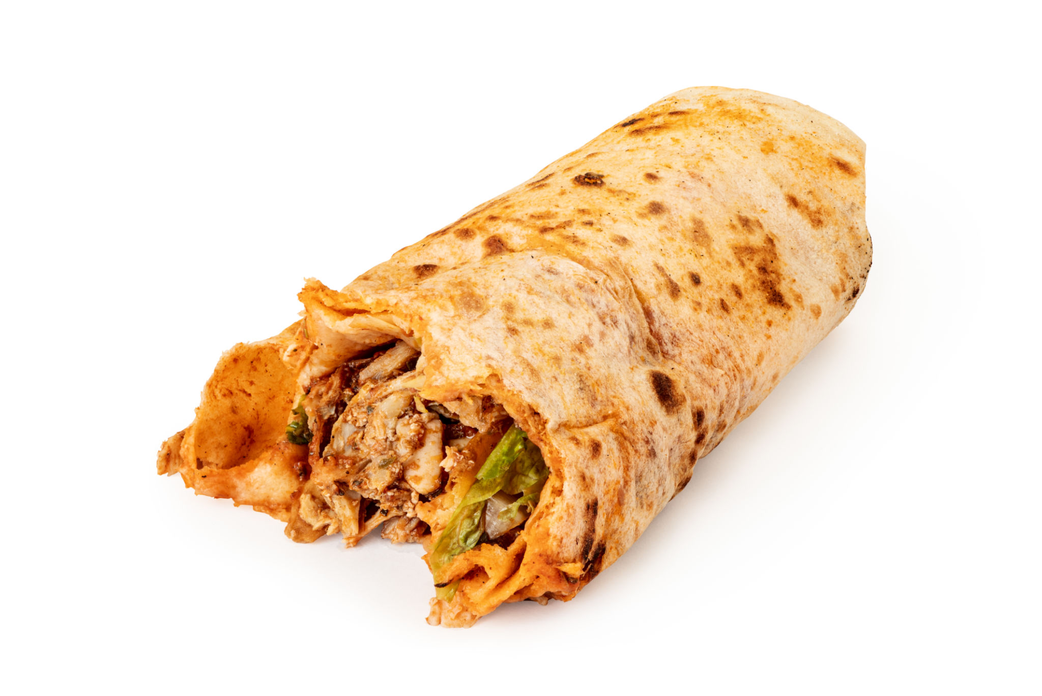 Isolated on a white background, Turkish doner or durum is a fast food with meat and salad wrapped in a flatbread. Unhealthy and greasy food Isolated on a white background, Turkish doner or durum is a fast food with meat and salad wrapped in a flatbread. Unhealthy and greasy food