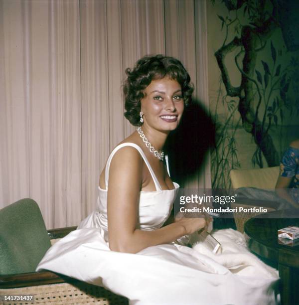 The Italian actress Sophia Loren smiling during the Film Festival. Venice, 1958