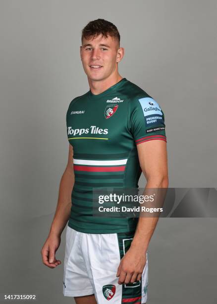 Freddie Steward of Leicester Tigers poses for a portrait during the squad photocall for the 2022-2023 Gallagher Premiership Rugby season at Oval Park...