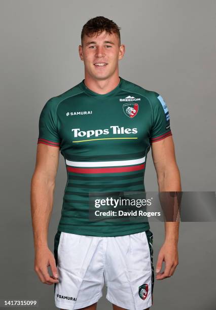 Freddie Steward of Leicester Tigers poses for a portrait during the squad photocall for the 2022-2023 Gallagher Premiership Rugby season at Oval Park...