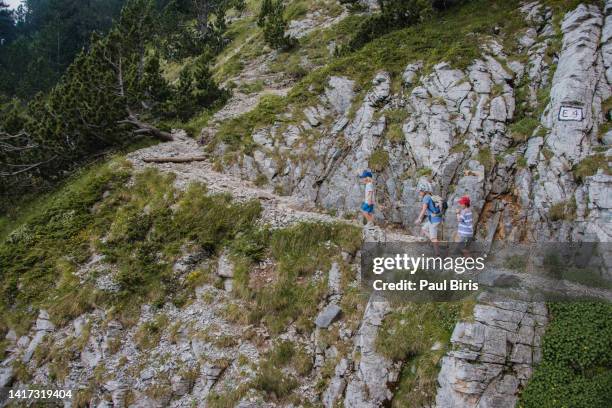 single mother hiking with her boys on mount olympus, greece - olympus imagens e fotografias de stock