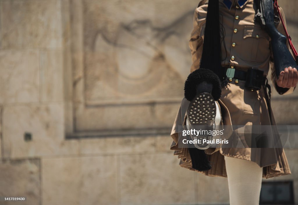 Unknown Greek Evzone Guard soldiers marching in traditional dress, Athens, Greece