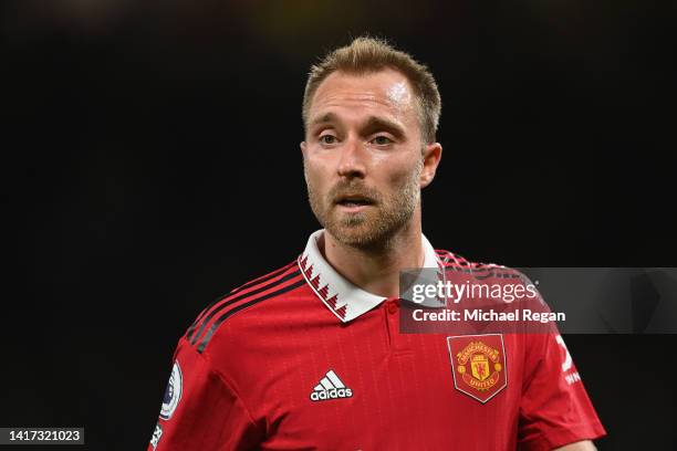 Christian Eriksen of Manchester United in action during the Premier League match between Manchester United and Liverpool FC at Old Trafford on August...