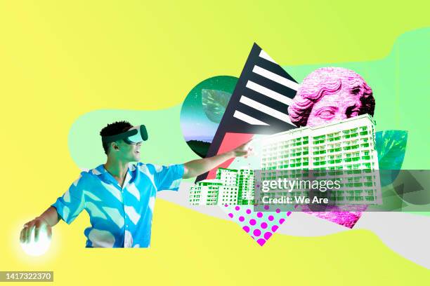 man wearing vr technology interacting with virtual elements - virtual reality headset stockfoto's en -beelden