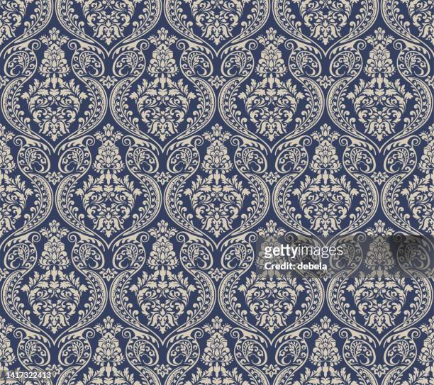 illustrations, cliparts, dessins animés et icônes de bleu et crème victorien damask luxury motif de tissu décoratif - royal blue