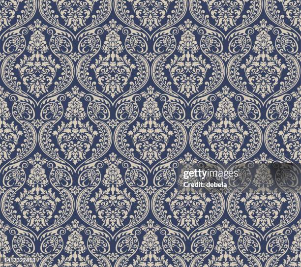 blue and cream victorian damask luxury decorative fabric pattern - victorian design stock illustrations