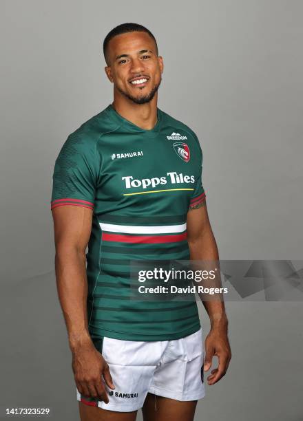 Anthony Watson of Leicester Tigers poses for a portrait during the squad photocall for the 2022-2023 Gallagher Premiership Rugby season at Oval Park...