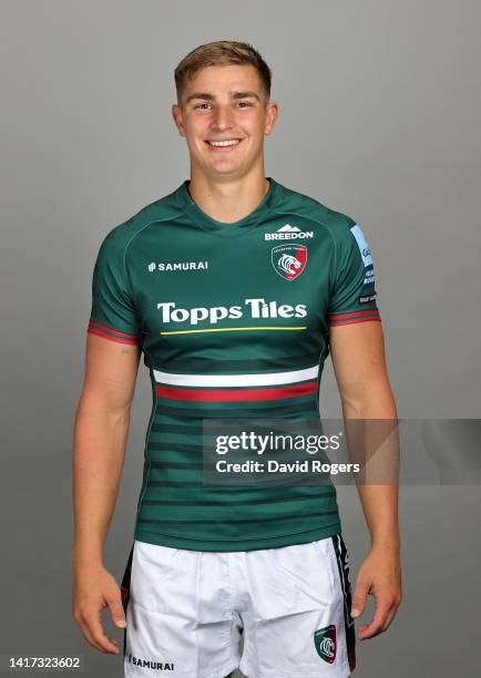 Jack van Poortvliet of Leicester Tigers poses for a portrait during the squad photocall for the 2022-2023 Gallagher Premiership Rugby season at Oval...