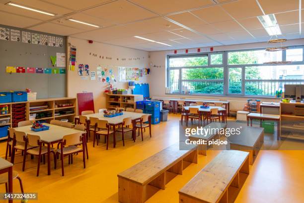 empty classroom in a elementary school.. - classroom wide angle stock pictures, royalty-free photos & images