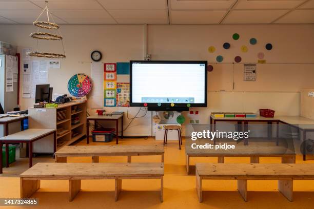 empty classroom in a elementary school.. - classroom wide angle stock pictures, royalty-free photos & images