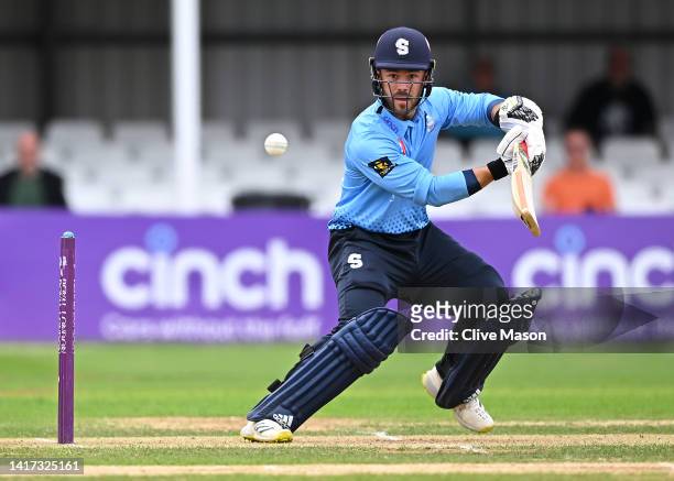 Lewis McManus of Northamptonshire in action batting during the Royal London One Day Cup match between Northamptonshire Steelbacks and Derbyshire at...