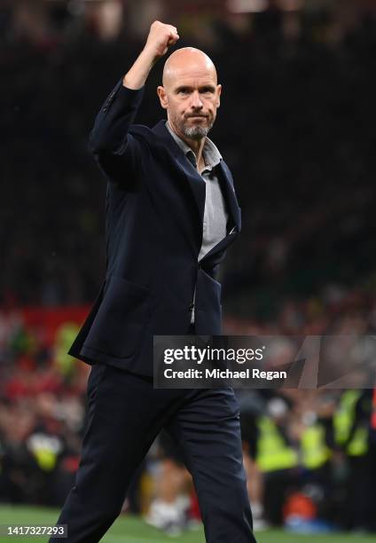 Manchester United manager Erik ten Hag celebrates after the Premier League match between Manchester United and Liverpool FC at Old Trafford on August...