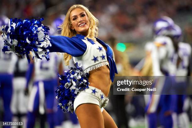 The Dallas Cowboys Cheerleaders perform during an NFL football game against the Minnesota Vikings, Sunday, Nov. 10 in Arlington, Texas.