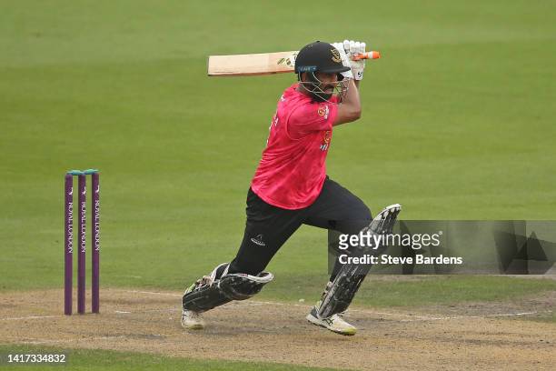 Cheteshwar Pujara of Sussex Sharks plays a shot during the Royal London Cup match between Sussex Sharks and Middlesex at The 1st Central County...