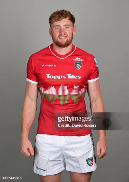Ollie Chessum of Leicester Tigers poses for a portrait during the squad photocall for the 2022-2023 Gallagher Premiership Rugby season at Oval Park...