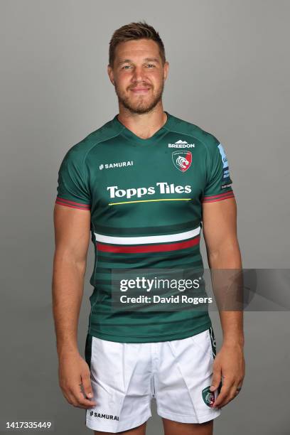 Hanro Liebenberg of Leicester Tigers poses for a portrait during the squad photocall for the 2022-2023 Gallagher Premiership Rugby season at Oval...