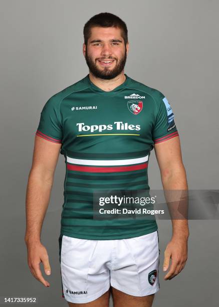 George Martin of Leicester Tigers poses for a portrait during the squad photocall for the 2022-2023 Gallagher Premiership Rugby season at Oval Park...